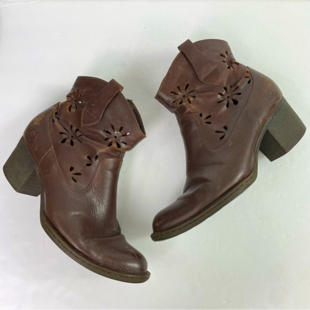 Born Ivy Brown Leather Daisy Cutout Heeled Western Boot